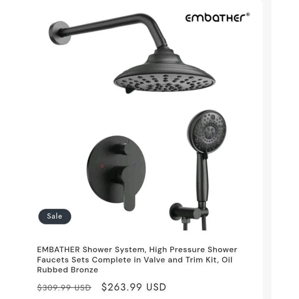 EMBATHER Black Shower Faucets Sets - Overhead Rain Head Shower System 8 Inch